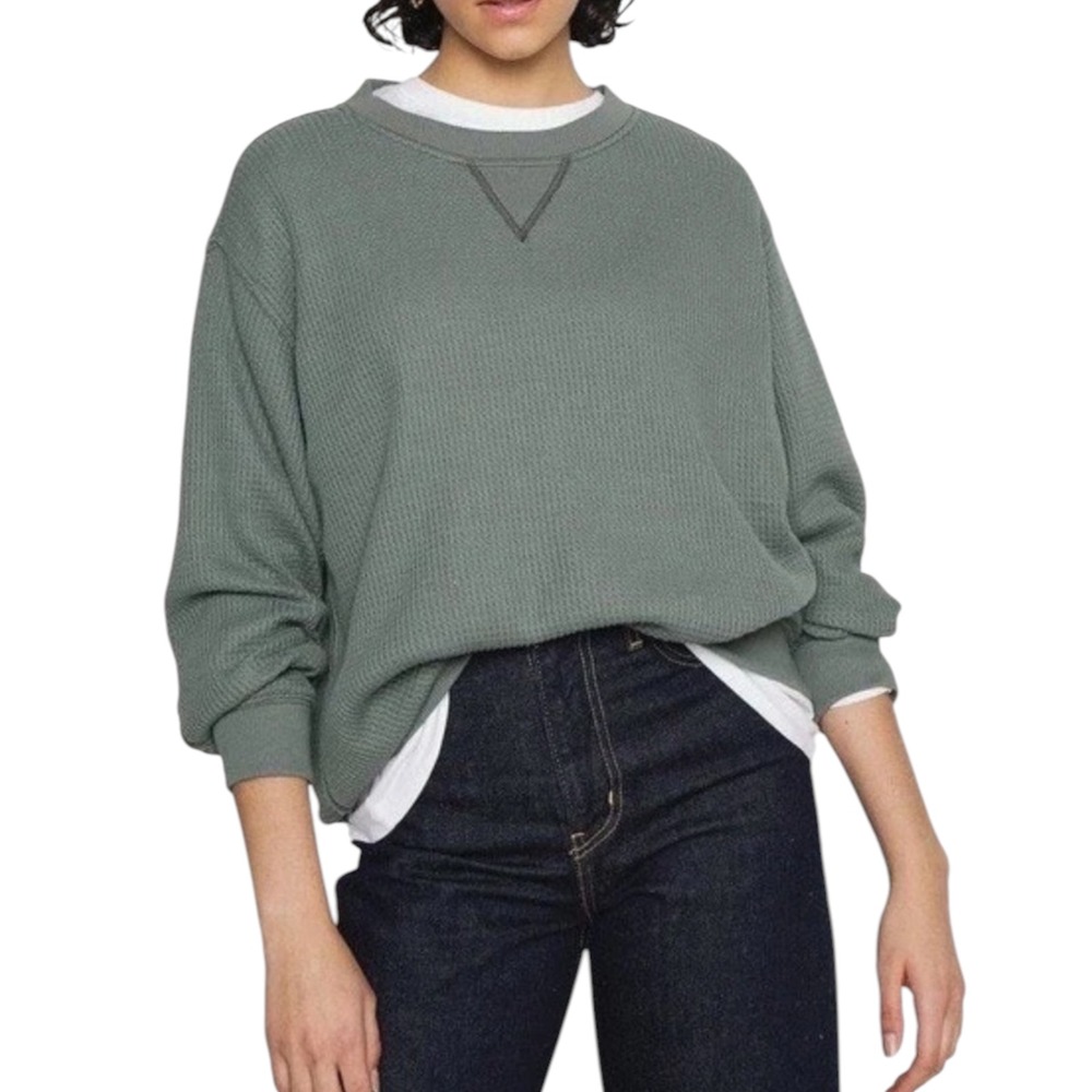 Aerie Getaway M Green Waffle Knit Oversized‎ Pullover Sweatshirt Crew Neck